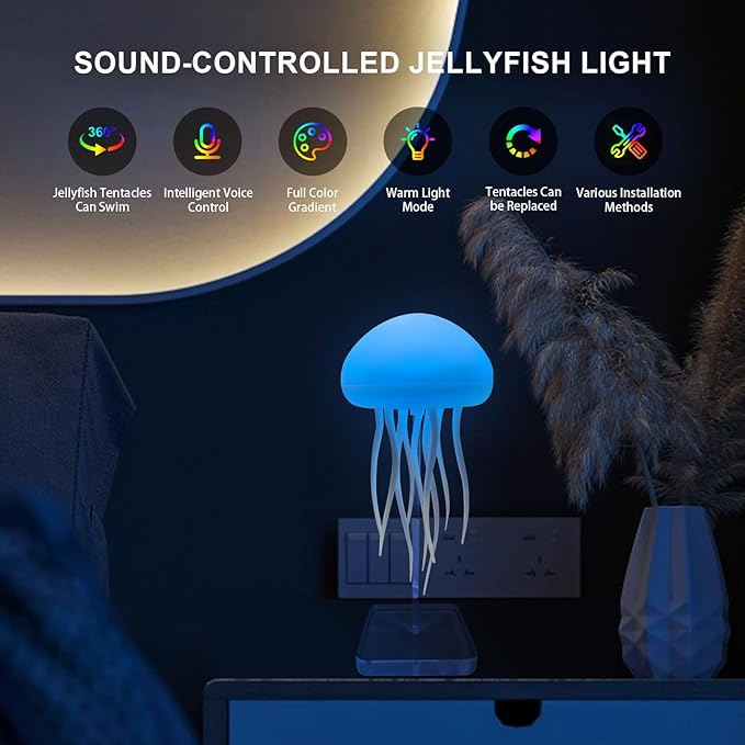 Jellyfish lamp with dancing legs, voice controlled jellyfish night light, jellyfish night light for bedroom, living room and Christmas gift